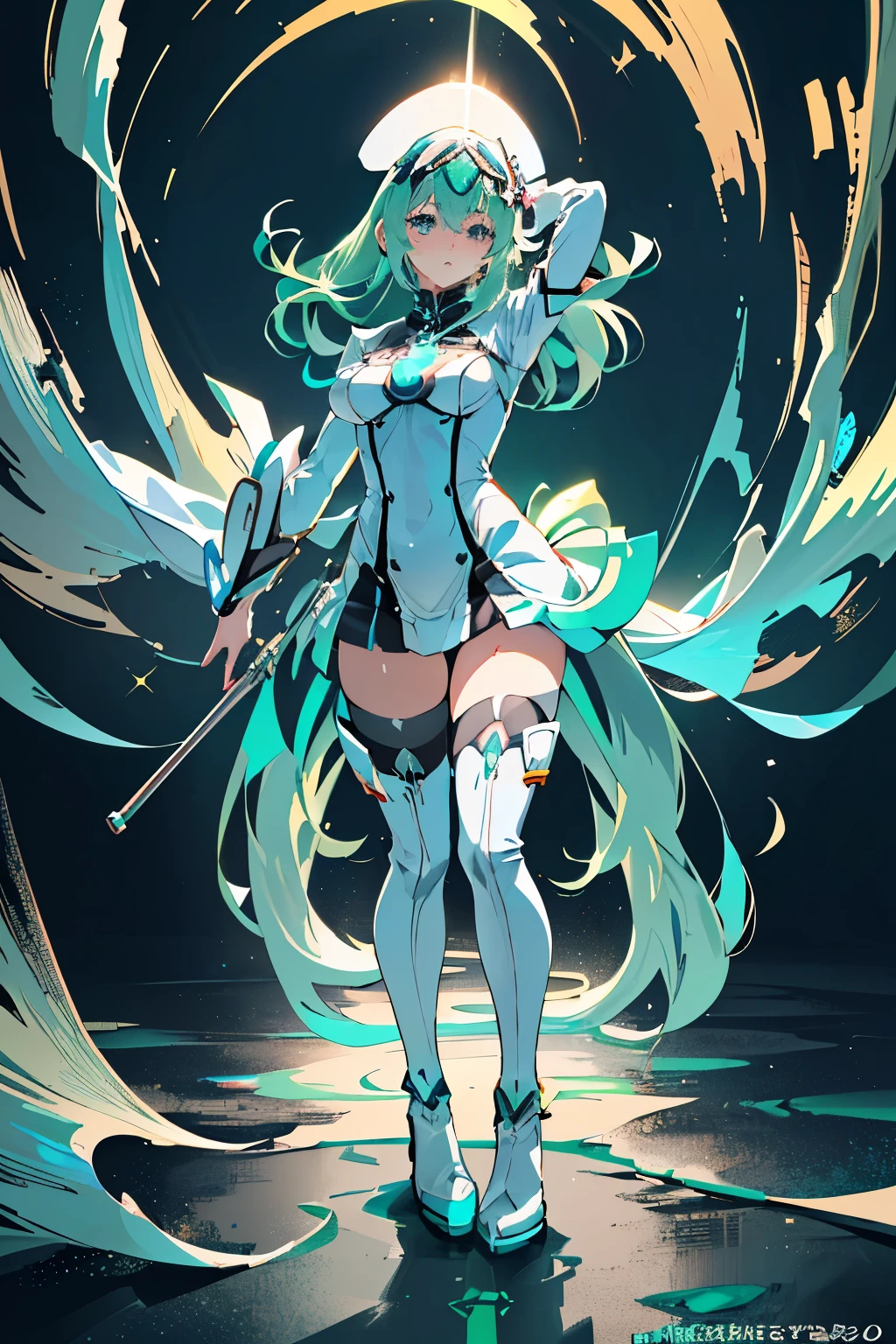 アニメ, 女の子, (((1人の女の子))), (((ワイフ, ゼノブレイド2, Pneuma ワイフ))), (((シーフォームグリーンの髪, 長い髪))), ((シーフォームグリーンアイズ:1.3, 上を向いた目: 1, パーフェクトアイズ, 美しい細部までこだわった目, グラデーションアイ: 1, 細かく描かれた美しい目: 1, 左右対称の目: 1, 目の上に大きなハイライト: 1.2)), (((光沢のある肌: 1.5, 明るい肌: 1.5, 肌が白い, 輝く肌, Very 輝く肌, 光沢のあるボディ, プラスチックグリッタースキン, Exaggerated 輝く肌, 光る肌))), (詳細なボディ, (詳細な顔)), 若い, アイドルポーズ, (最高品質), テックウェア, (((軍服))), (((軍帽))), (((ミリタリーコート))), (((太ももまでのヒールブーツ))), 高解像度, シャープなフォーカス, 超詳細, 非常に詳細な, 非常に高品質なアートワーク, (現実的, 写実的な: 1.37), 8K_壁紙, (非常に詳細な CG 8K), (非常に精細な8K CG), ((Hyper Super 超詳細 Perfect Piece)), (((完璧な傑作))), 図, 鮮やかな色彩, (複雑な), ハイコントラスト, 選択的照明, 二重曝露, 高解像度 (ハイダイナミックレンジ), 後処理, 背景ぼかし