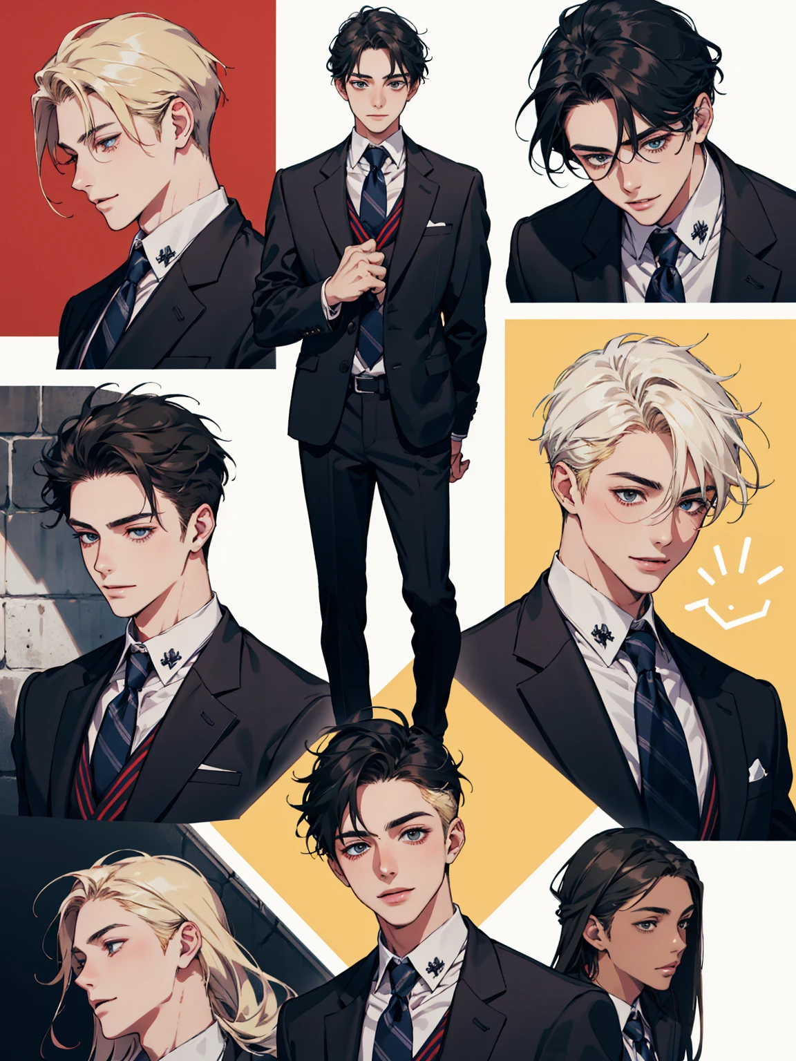 masterpiece, collage of teenage boy, happy, smile, high school boy, school uniform, blond hair, black hair, multiple boys
