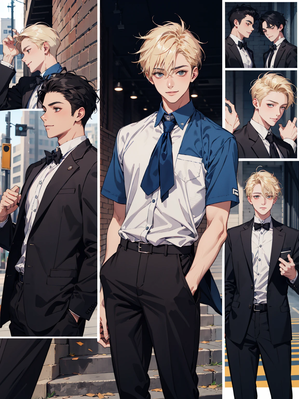 masterpiece, collage of teenage boy, happy, smile, high school boy, school uniform, blond hair, black hair, multiple boys
