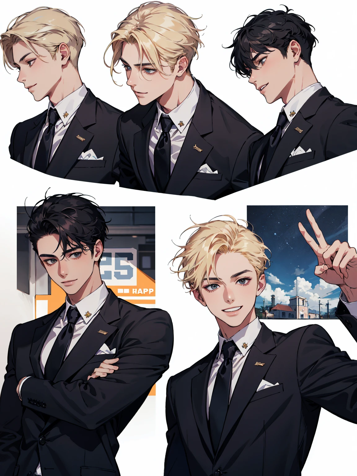 masterpiece, collage of teenage boy, happy, smile, high school boy, school uniform, blond hair, black hair, multiple boys
