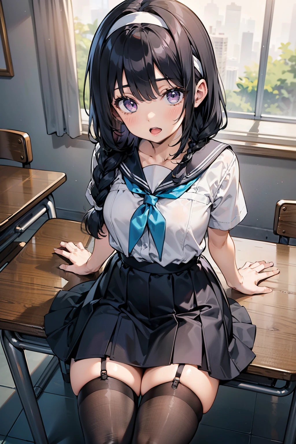 body 8 times longer than head, (Highly detailed CG unity 8k), (highest quality)，(very detailed)，(ultra high resolution), black hair, High school girl wearing a navy sailor suit, Anime 2D rendering, realistic young anime high school girl, ((White headband)), purple eyes, small breasts, tall, slanted eyes, (school scenery), black stockings, bright color, open your mouth, Dark blue skirt,  braid hair, Bangs Patsun, position looking down from above, sitting on chair in classroom, I fell asleep lying on my desk., 