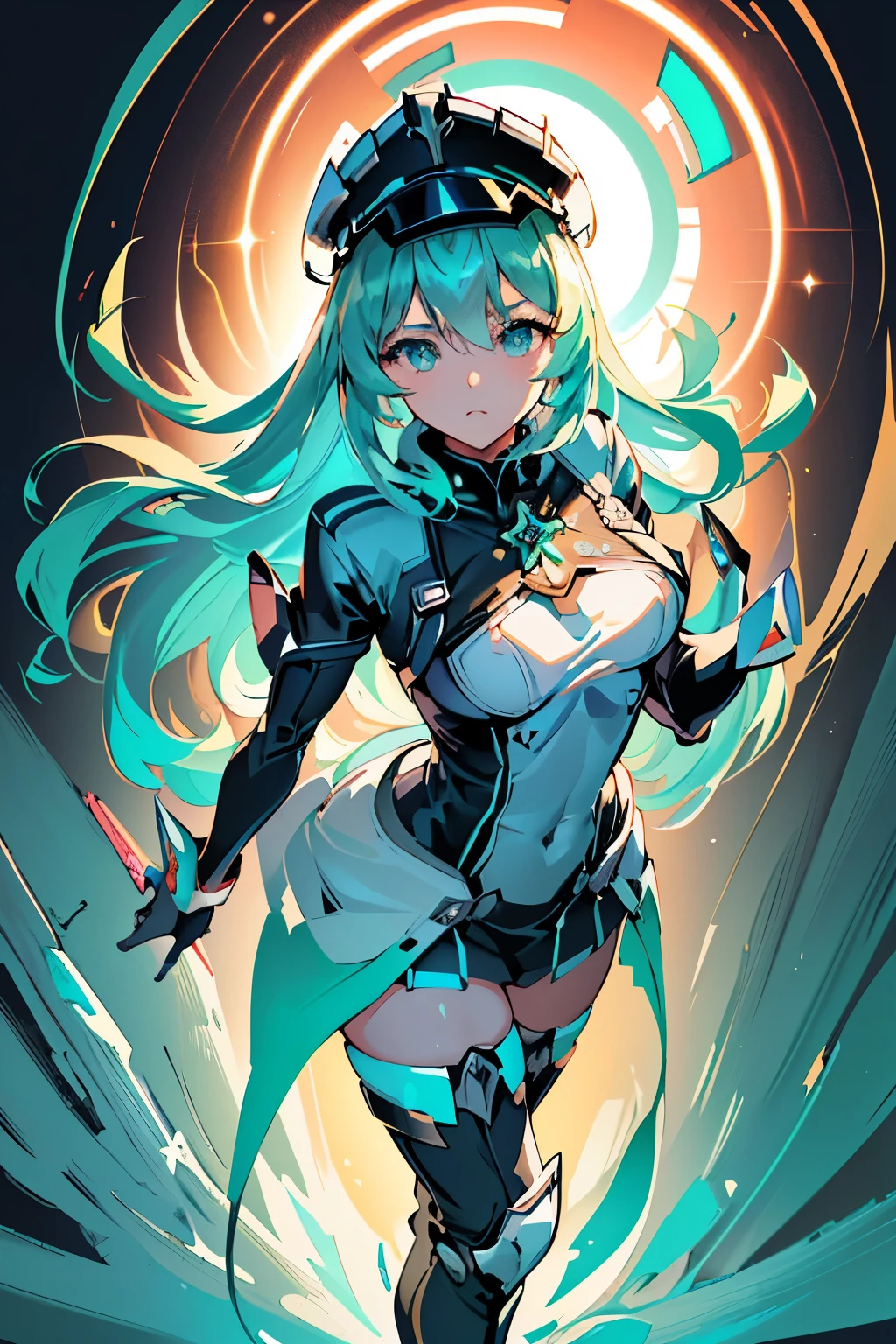 Anime, Girl, (((1girl))), (((Waifu, Xenoblade Chronicles 2, Pneuma Waifu))), (((Seafoam Green Hair, Long Hair))), ((Seafoam Green Eyes eyes:1.3, Upturned Eyes: 1, Perfect Eyes, Beautiful Detailed Eyes, Gradient eyes: 1, Finely Detailed Beautiful Eyes: 1, Symmetrical Eyes: 1, Big Highlight On Eyes: 1.2)), (((Lustrous Skin: 1.5, Bright Skin: 1.5, Skin Fair, Shiny Skin, Very Shiny Skin, Shiny Body, Plastic Glitter Skin, Exaggerated Shiny Skin, Illuminated Skin))), (Detailed Body, (Detailed Face)), Young, Idol Pose, (Best Quality), Techwear, (((Military Uniform))), (((Military Cap))), (((Military Coat))), (((Thigh-high Heeled Boots))), High Resolution, Sharp Focus, Ultra Detailed, Extremely Detailed, Extremely High Quality Artwork, (Realistic, Photorealistic: 1.37), 8k_Wallpaper, (Extremely Detailed CG 8k), (Very Fine 8K CG), ((Hyper Super Ultra Detailed Perfect Piece)), (((Flawlessmasterpiece))), Illustration, Vibrant Colors, (Intricate), High Contrast, Selective Lighting, Double Exposure, HDR (High Dynamic Range), Post-processing, Background Blur