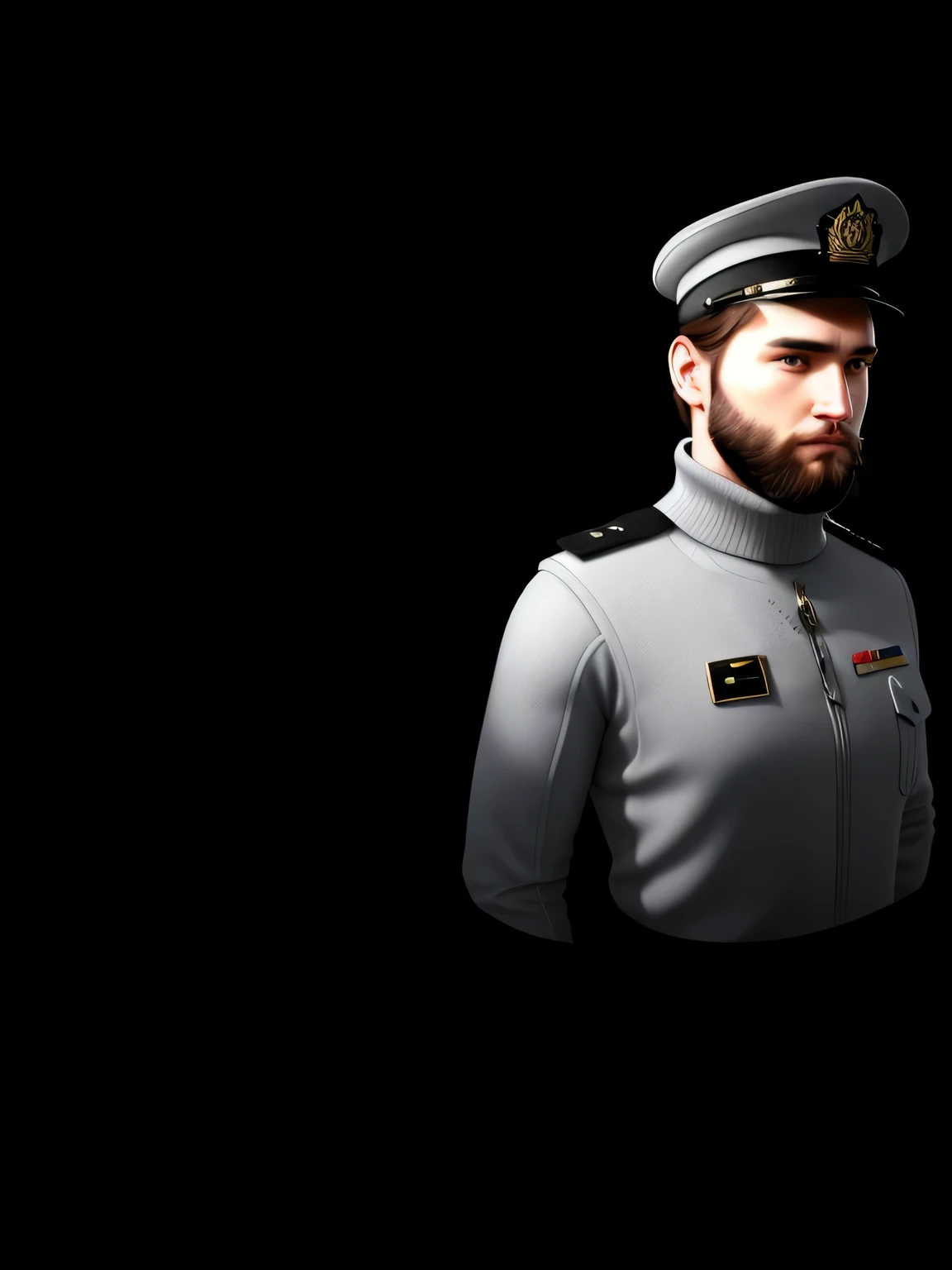 turtleneck sweater under uniform, beard, male, 3d realistic, arnold render