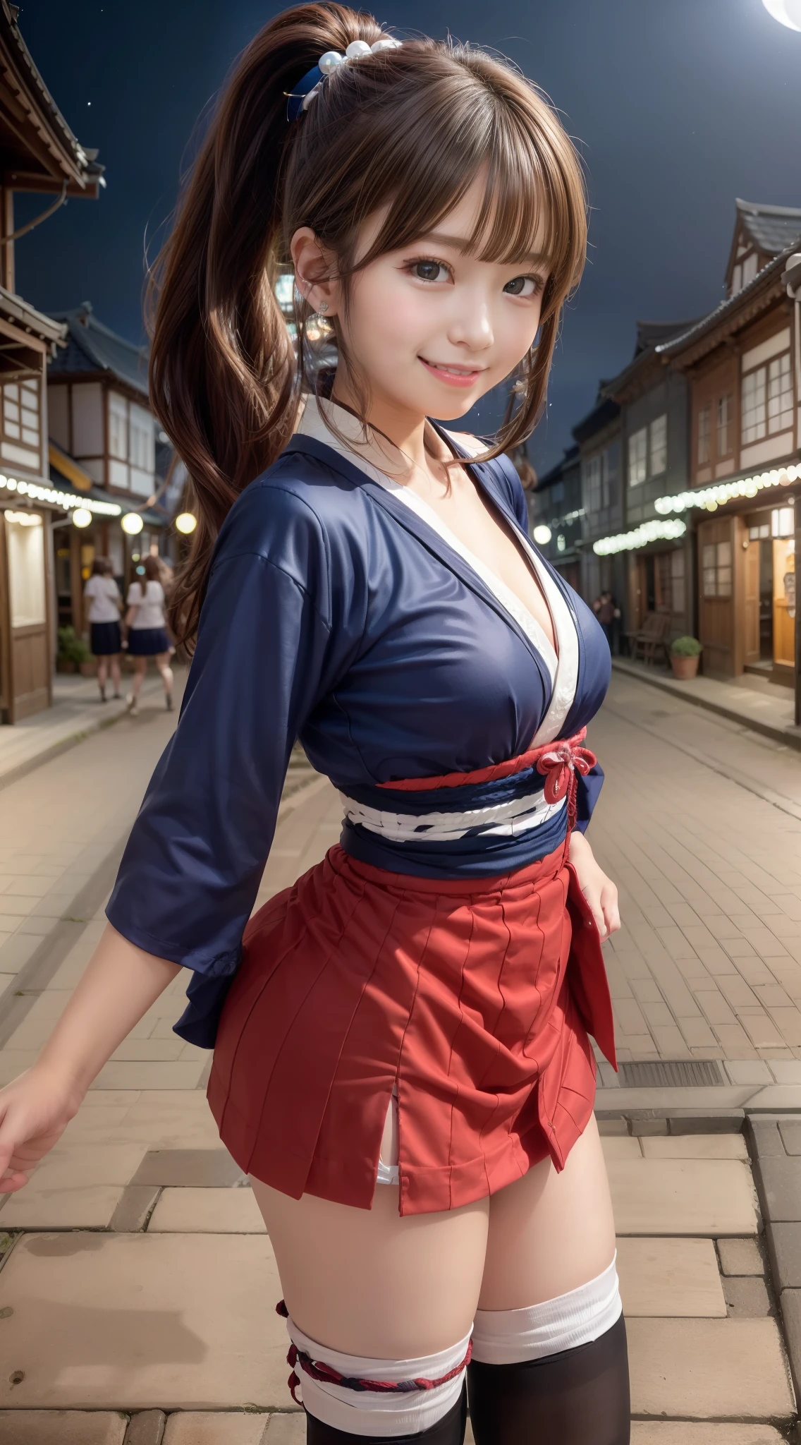 One Girl, cute、ponytail, shy smile, brown hair、deep blue eyes、((Shrine maiden costume super miniskirt:1.2))、((Townscape at night:1.6))