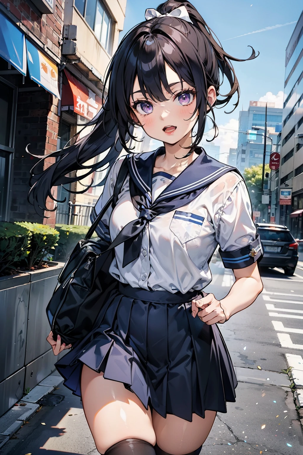 body 8 times longer than head, (Highly detailed CG unity 8k), （highest quality），（very detailed），（ultra high resolution）, black hair, navy blue sailor uniform, Dark blue skirt, navy blue sailor uniformを着た女子高生, Anime 2D rendering, realistic young anime high school girl, （White headband）, purple eyes, small breasts, tall, slanted eyes, school scenery, black stockings, bright color, open your mouth a little, ponytail, Tie your hair with a white ribbon, sprinting at full speed, 揺れるponytail, 