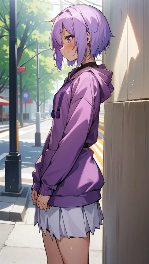 Yuitsuki Yukari、18-year-old、Slender body type、smile、blush、profile、Light purple hair、short hair、(hair between eyes)、daytime、under the street tree、((fringe))、((sweatshirt))、 ((skirt))、muste piece、high resolution、4K