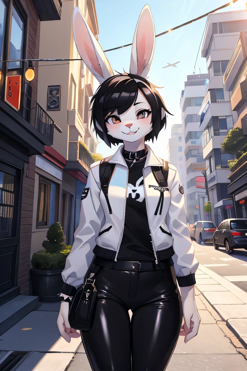 1girl, alone, masterpiece, young woman, furry, 2D, bunny woman, white skin, white bunny, white ear, white skin, white fur, black hair, short hair, white bunny, white rabbit, wearing black jacket, black pants, white shirt, punk style, smiling, in a street, looking atr viewer, 4k, masterpiece
