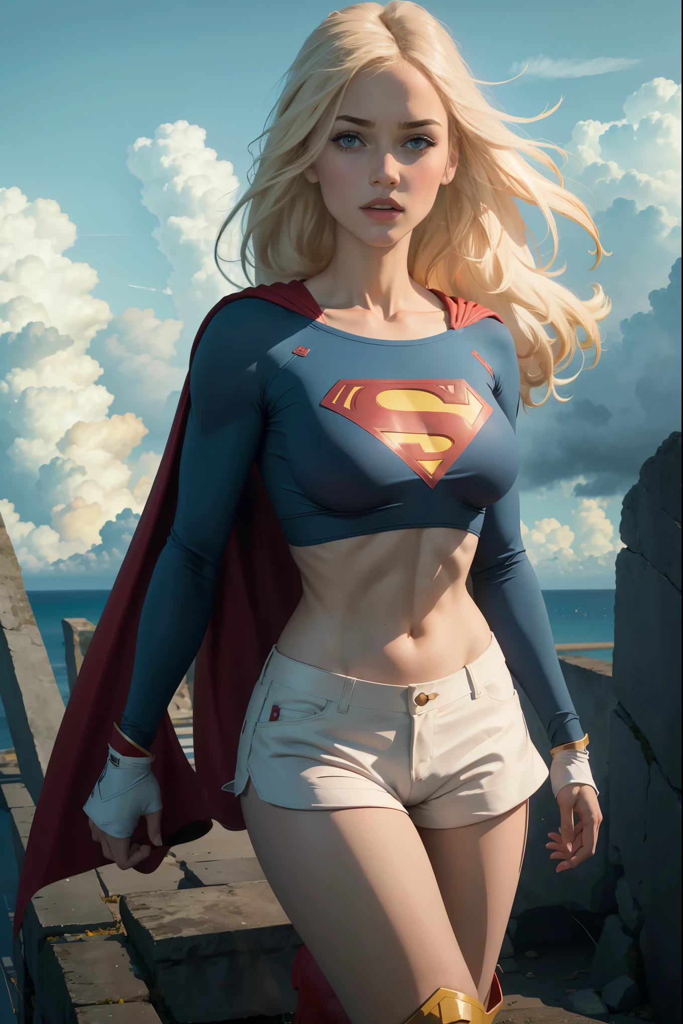 Supergirl,1girl,long blonde hair,hair band,white crop top,dolphin shorts, whitegloves,boots, floating in the clouds, large breasts, half shirt showing bottom halves of her breasts, dynamic, sexy, slutty