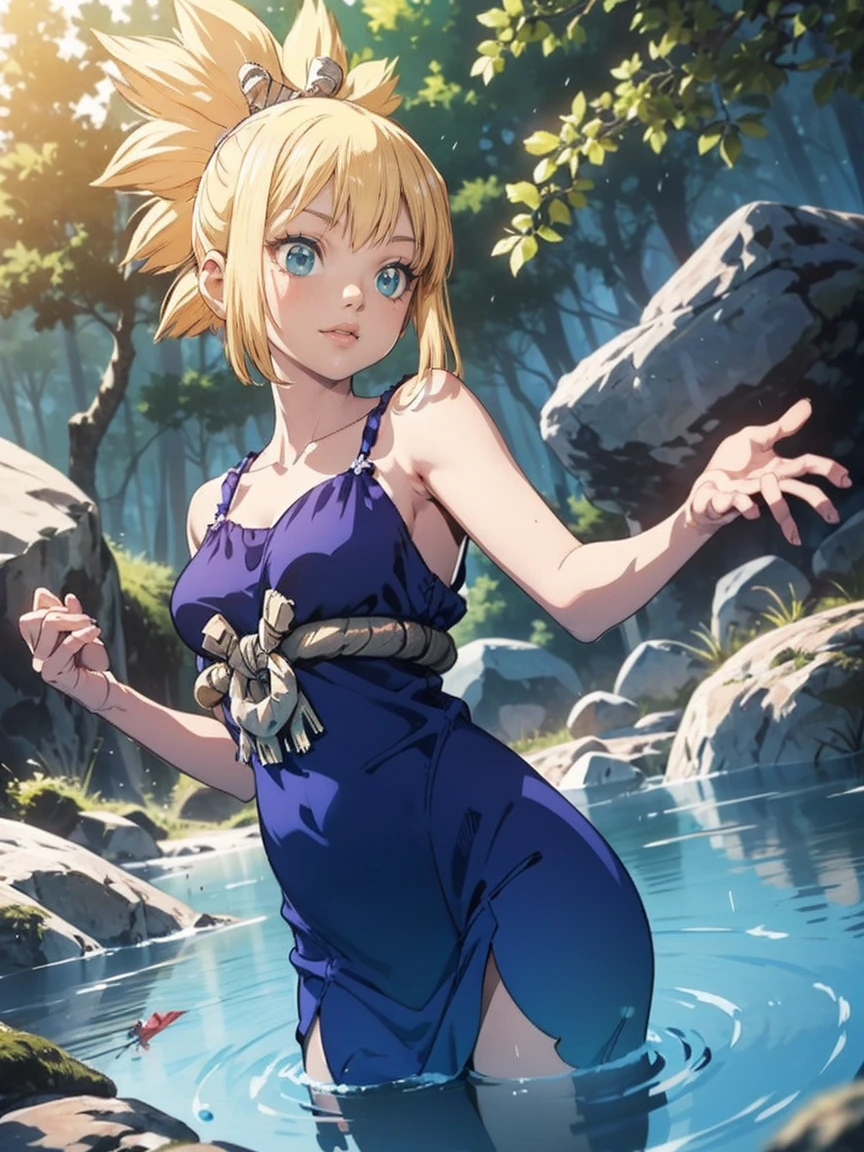 Alone. solo. kohaku illustration by dr. stone in a small river, ((wearing a elegant and delicate nightgown)). They are playing in the water in a forest during a sunny day.  reflection, shine,