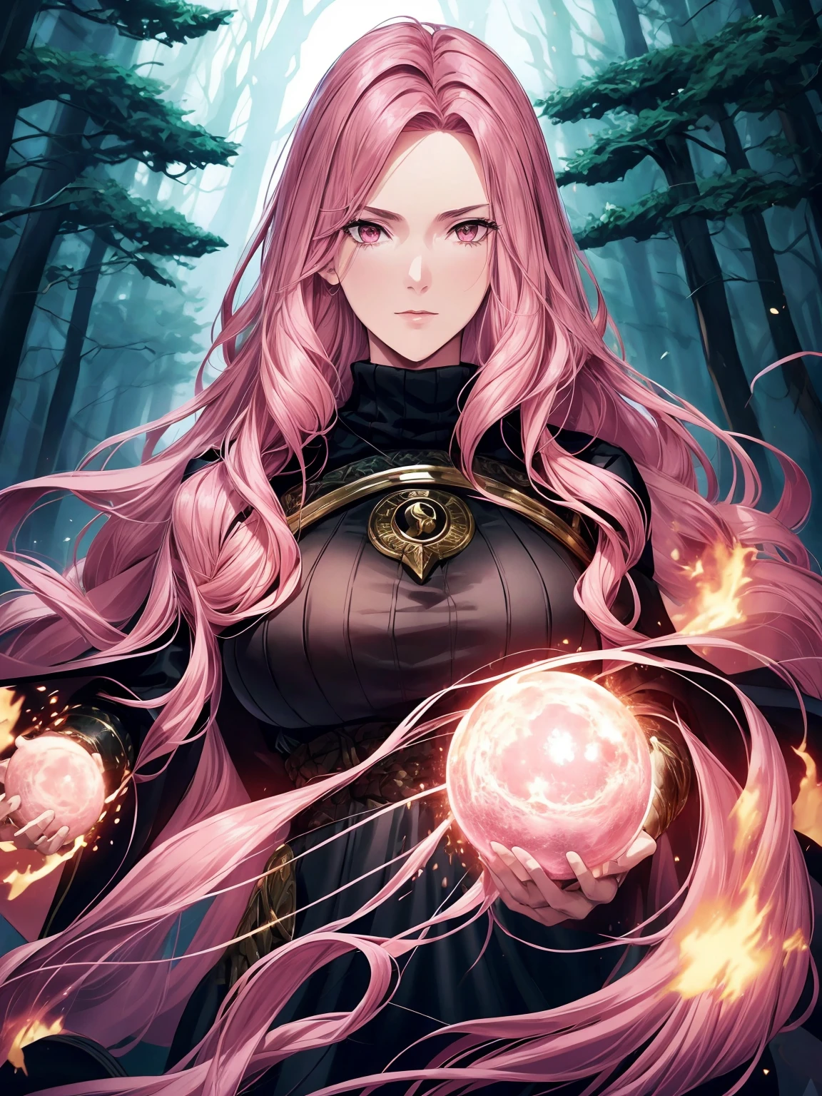 Beautiful mature Celtic women, mature woman,1women, 50 years old, ((pink hair)), (cropped), (long wavy hair, red eyes,),black witch dress, with fur as a cape, aesthetic and beautiful body, dynamic pose, looking the viewer, forest fantasy scenic landscape,magic forest background, medieval fantasy, extremely detailed, high resolution, masterpiece, realistic, american shot,solo, magic orbs around she