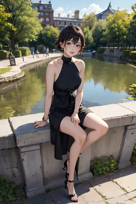 sitting on the bollard, spread her legs, all sorts of casual dress, clothes are transparent and underwear is slightly visible, tiny earrings, sweat, joying smile, in the park, pond, bridge, big sky, buildings, a shoulder bag,