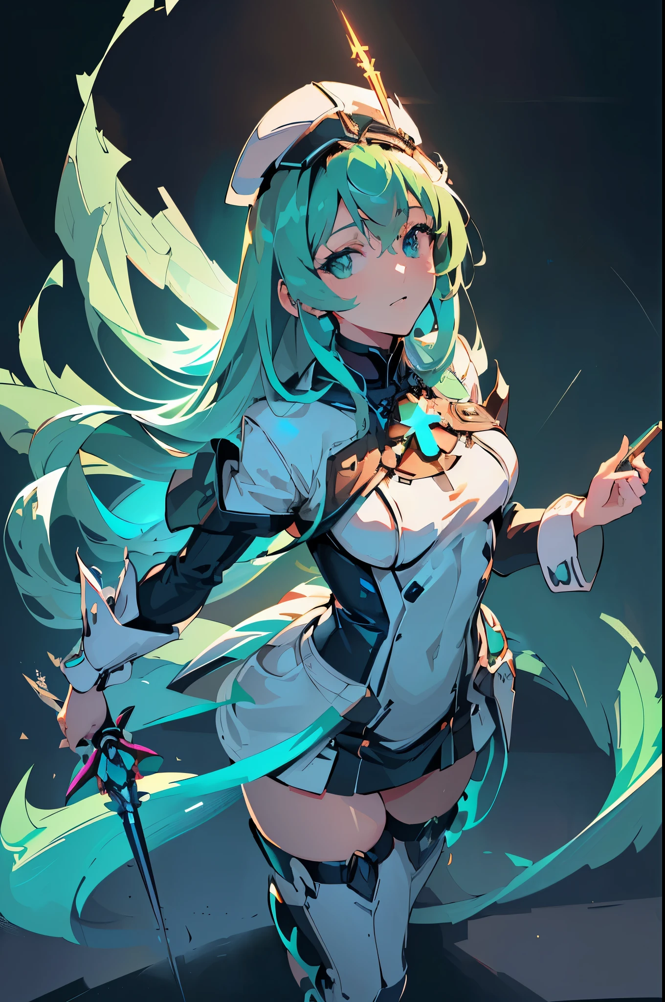 Anime, Girl, (((1girl))), (((Waifu, Xenoblade Chronicles 2, Pneuma Waifu))), (((Seafoam Green Hair, Long Hair))), ((Seafoam Green Eyes eyes:1.3, Upturned Eyes: 1, Perfect Eyes, Beautiful Detailed Eyes, Gradient eyes: 1, Finely Detailed Beautiful Eyes: 1, Symmetrical Eyes: 1, Big Highlight On Eyes: 1.2)), (((Lustrous Skin: 1.5, Bright Skin: 1.5, Skin Fair, Shiny Skin, Very Shiny Skin, Shiny Body, Plastic Glitter Skin, Exaggerated Shiny Skin, Illuminated Skin))), (Detailed Body, (Detailed Face)), Young, Idol Pose, (Best Quality), Techwear, (((Military Uniform))), (((Military Cap))), (((Military Coat))), (((Thigh-high Heeled Boots))), (((Holding Rapier))), (((Holding Handgun))), High Resolution, Sharp Focus, Ultra Detailed, Extremely Detailed, Extremely High Quality Artwork, (Realistic, Photorealistic: 1.37), 8k_Wallpaper, (Extremely Detailed CG 8k), (Very Fine 8K CG), ((Hyper Super Ultra Detailed Perfect Piece)), (((Flawlessmasterpiece))), Illustration, Vibrant Colors, (Intricate), High Contrast, Selective Lighting, Double Exposure, HDR (High Dynamic Range), Post-processing, Background Blur