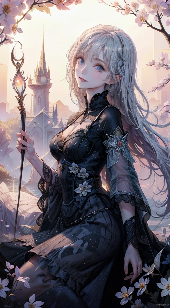 masterpiece, highest quality, 1 girl,witch, ((witch hat)), Magical girl,black clothes, long silver hair, shining blue eyes, white skin, Slender, magic wand, (smile), High Fantasy,dreamy digital painting, magical colors and atmosphere,soft light, fantasy art,small breasts,sideways glance,,short,wonderful spring flower mood,In the mysterious forest,sideways glance
