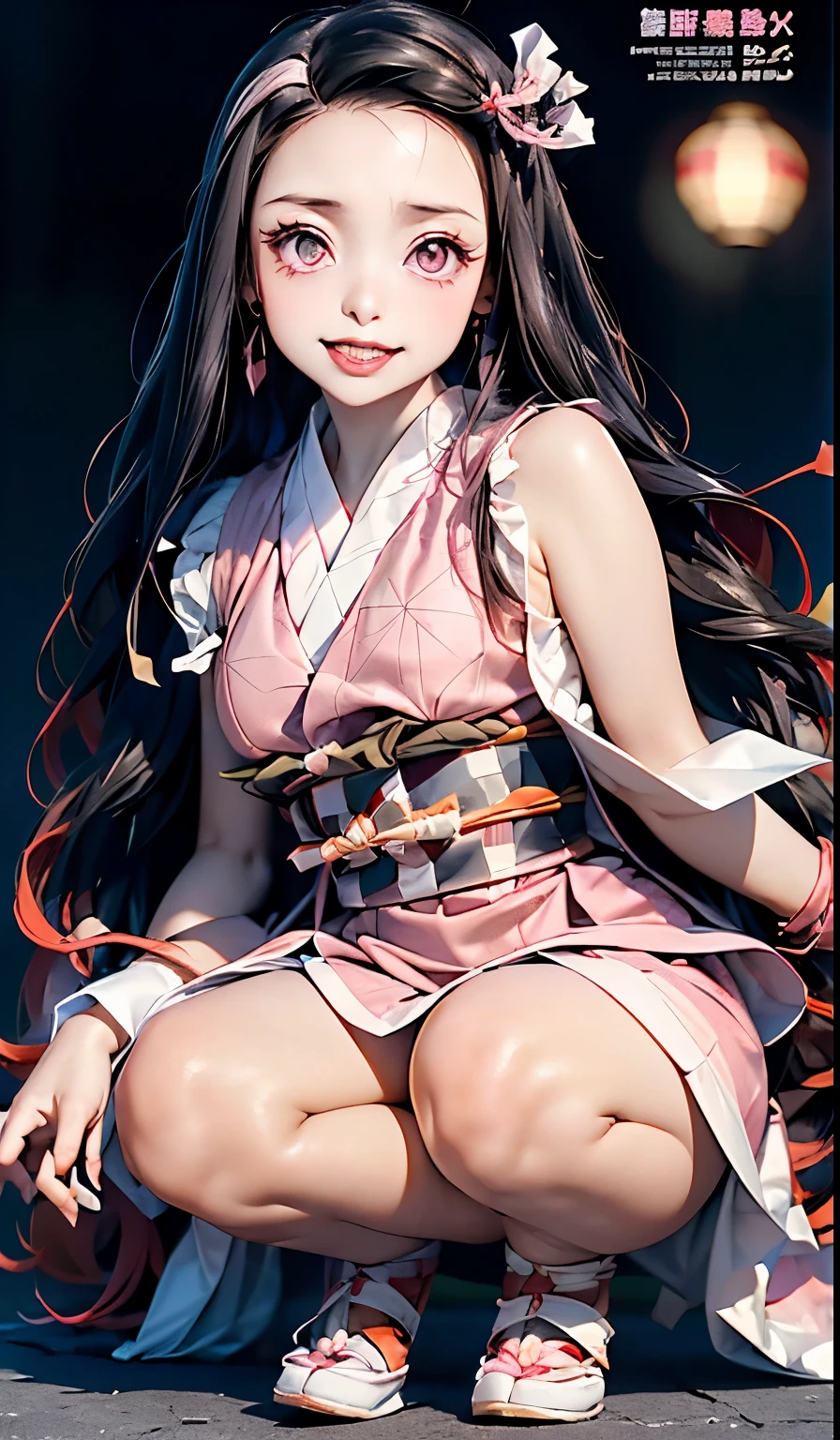 (*K) HD, highest quality, WorKs of masters, High resolution, 1 girl, nezuKo Kamada, ((nezuKo of demon slayer)) super beautiful face, Super beautiful eyes, Super beautiful hair，trendy outfit，magazine cover，sexy and attractive，explosion of colors，BlacK color hair，Big hairpin，full body esbian，squatted