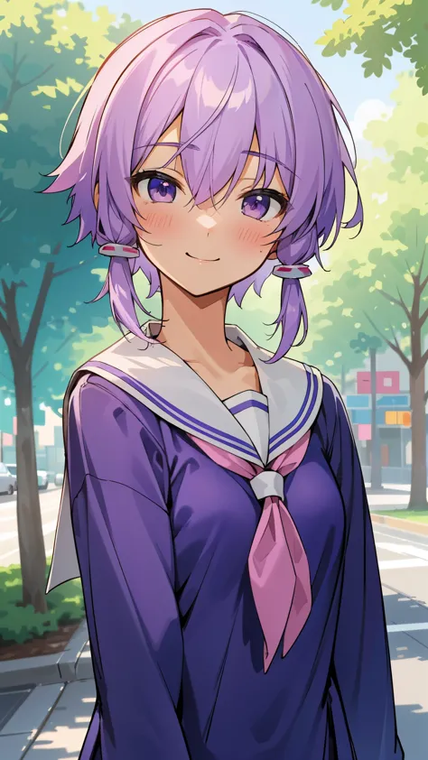 Yuitsuki Yukari、18-year-old、Slender body type、smile、blush、Light purple hair、short hair、(hair between eyes)、upper body close-up、daytime、under the street tree、（She wears a sailor school uniform that combines pink and blue.:1.2）、muste piece、high resolution、4K