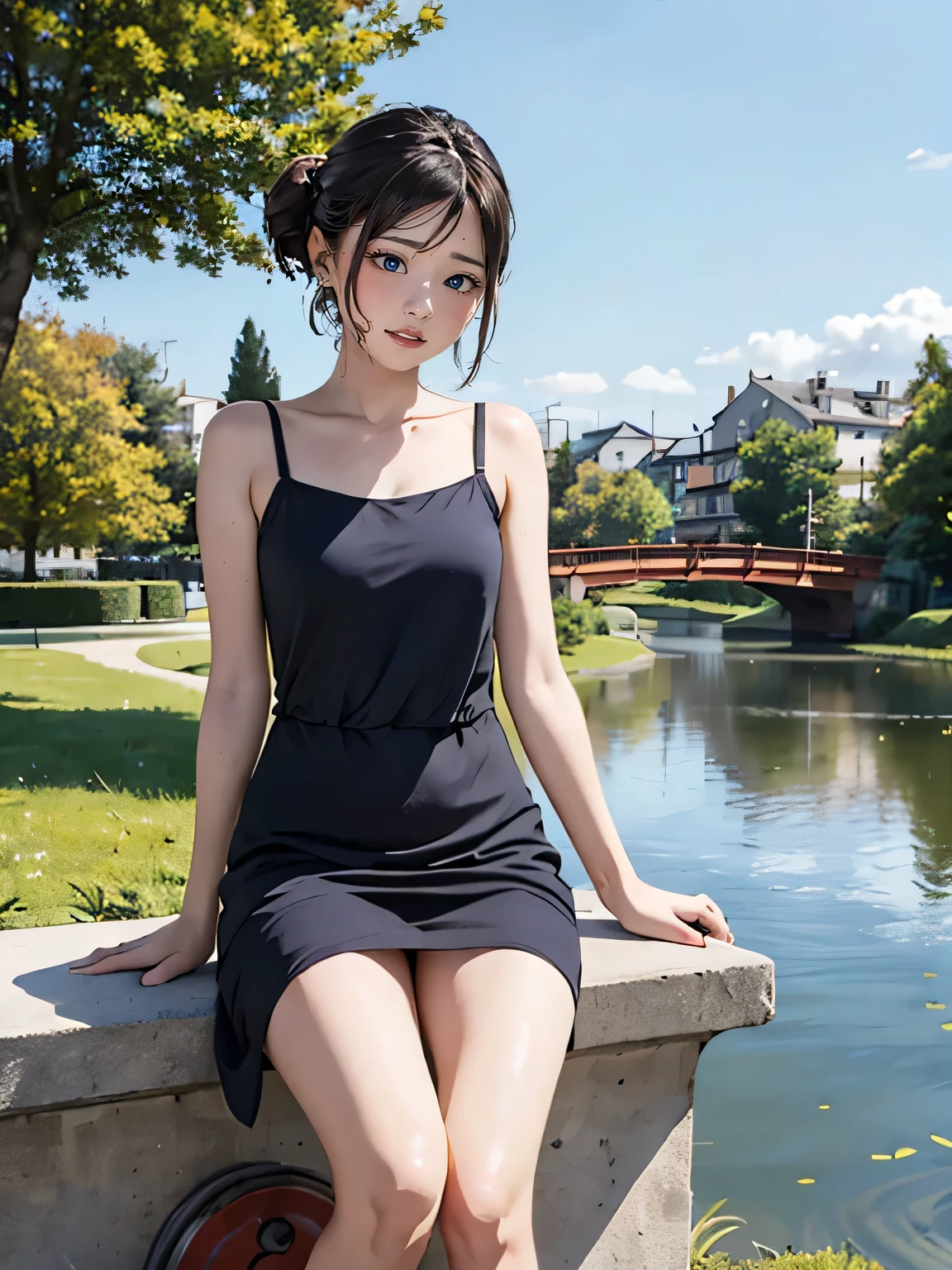 sitting on the bollard, spread her legs, all sorts of pattern of casual dress, tiny earrings, sweat, joying smile, her hand is on her groin, in the park, pond, bridge, big sky, buildings, light-makeup,
