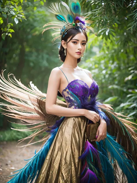 A young woman adorned in a unique and luxurious outfit made from exquisite peacock feathers.. Picture her wearing a stylish outf...