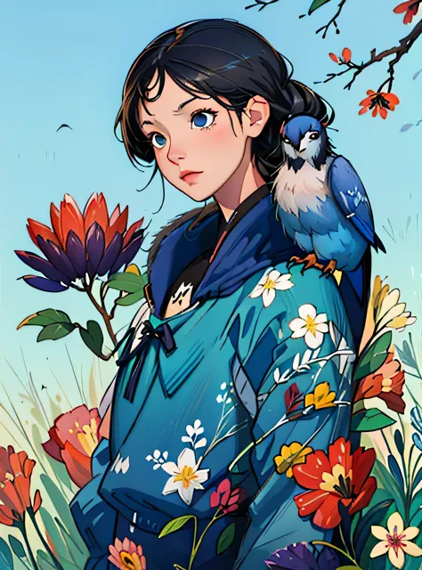 adorable blue jay in a tree covered in flowers, greg rutkowski, uau, android jones, moinhos russ, james jean, sui ishida, edwin ...