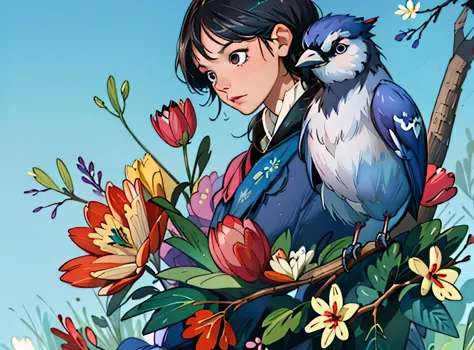 adorable blue jay in a tree covered in flowers, greg rutkowski, uau, android jones, moinhos russ, james jean, sui ishida, edwin ...