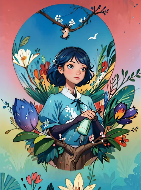 adorable blue jay in a tree covered in flowers, greg rutkowski, uau, android jones, moinhos russ, james jean, sui ishida, edwin ...