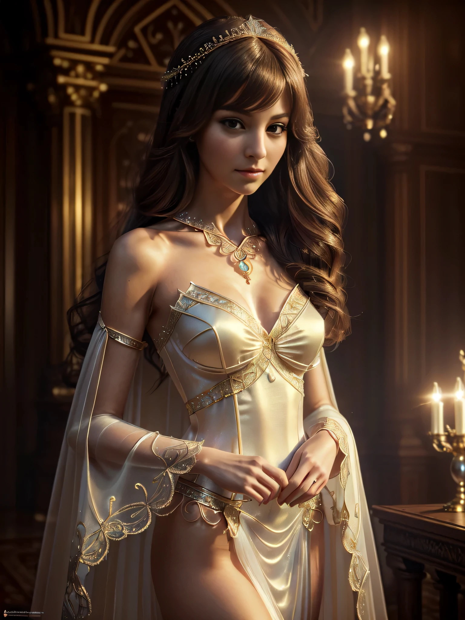 all intricate details: "((realistic, realissstic womaann,,Masterpiece, Best quality, High resolution), slim build, (dreamy atmosphere, Soft lighting),(1 character),(Mysterious expression, Elegant Pose),(loose hair, bright eyes),(magic costume, Delicate details))"