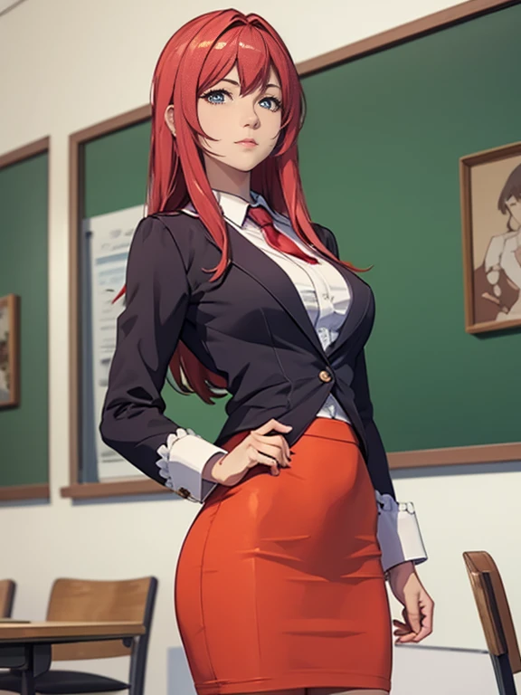 illustration by Hiroko Takashiro, chic, dainty, reflection, Glow Up, sharp focus, detailed painting, work of art, standing near the blackboard, holding chalk, class room, (Red hair: 1.05), long hair, lipstick, make up, (eyes black: 1.05), aretes, (blackstockings, 1.1), pencil skirt, high-heels, blazer