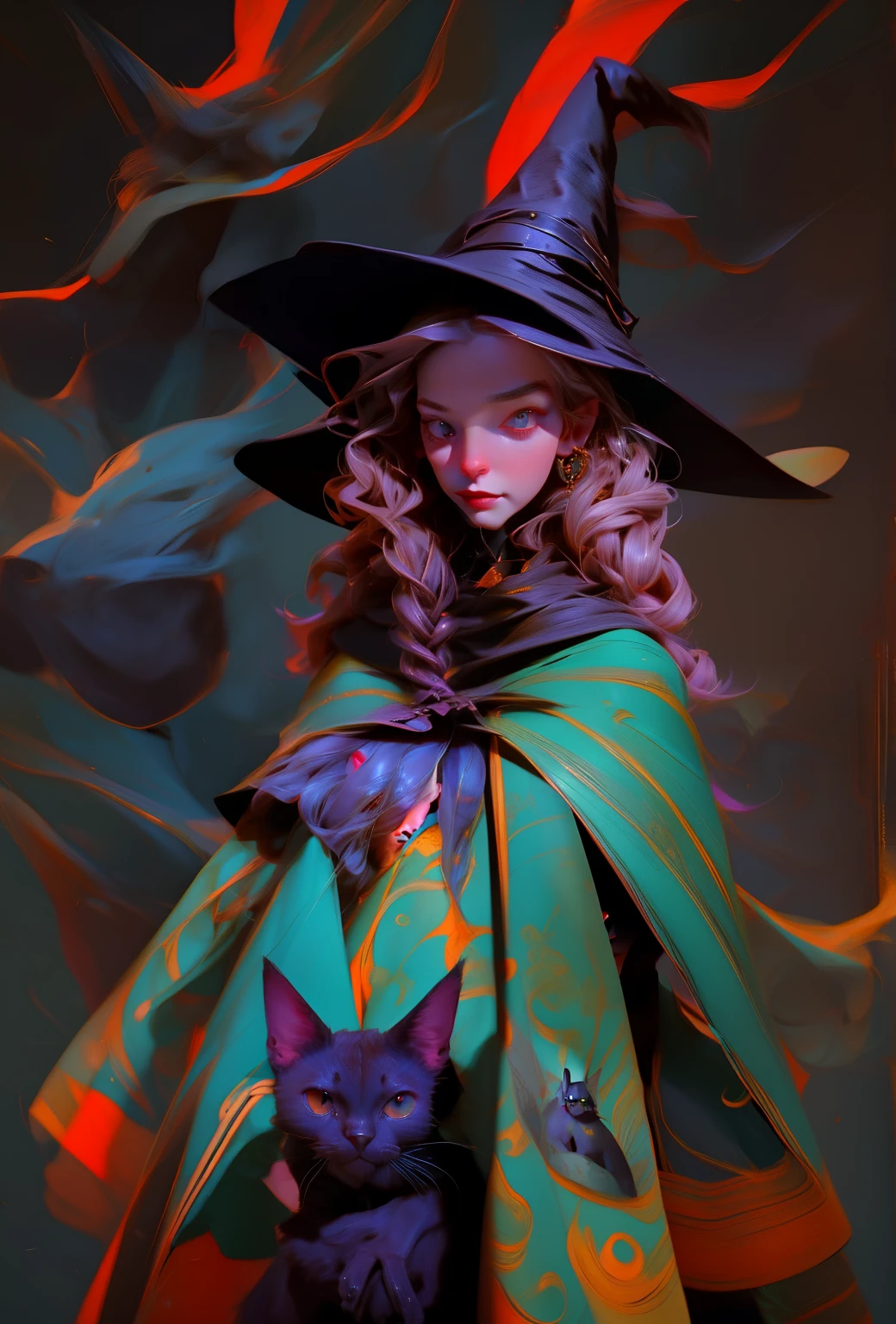 painting of a woman in a witch costume with a black cat, oil painting of cat witch, by Cynthia Sheppard, classical witch, cat witch, beautiful female witch, beautiful witch female, rob rey, witchy, portrait of a young witch, portrait of a witch, witches, jen bartel, witch fairytale, beautiful witch spooky female, witch, witch woman