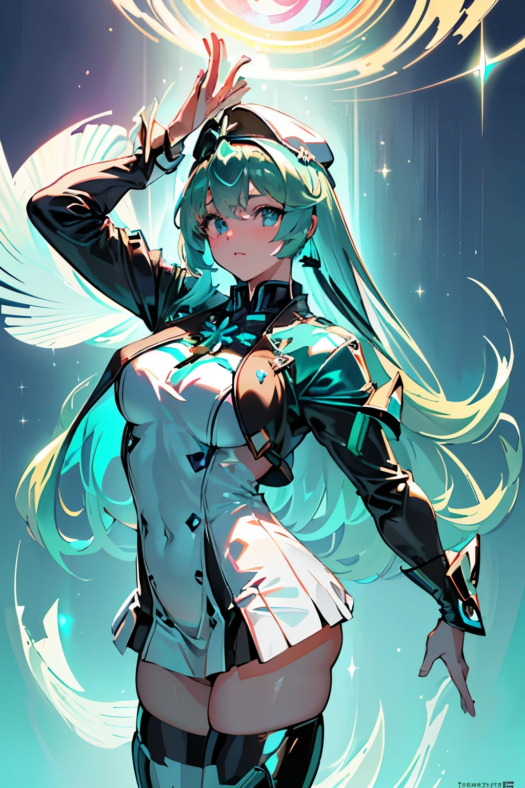 アニメ, 女の子, (((1人の女の子))), (((ワイフ, ゼノブレイド2, Pneuma ワイフ))), (((シーフォームグリーンの髪, 長い髪))), ((シーフォームグリーンアイズ:1.3, 上を向いた目: 1, パーフェクトアイズ, 美しい細部までこだわった目, グラデーションアイ: 1, 細かく描かれた美しい目: 1, 左右対称の目: 1, 目の上に大きなハイライト: 1.2)), (((光沢のある肌: 1.5, 明るい肌: 1.5, 肌が白い, 輝く肌, Very 輝く肌, 光沢のあるボディ, プラスチックグリッタースキン, Exaggerated 輝く肌, 光る肌))), (詳細なボディ, (詳細な顔)), 若い, アイドルポーズ, (最高品質), テックウェア, (((軍服))), (((軍帽))), (((ミリタリーコート))), (((太ももまでのヒールブーツ))), 高解像度, シャープなフォーカス, 超詳細, 非常に詳細な, 非常に高品質なアートワーク, (現実的, 写実的な: 1.37), 8K_壁紙, (非常に詳細な CG 8K), (非常に精細な8K CG), ((Hyper Super 超詳細 Perfect Piece)), (((完璧な傑作))), 図, 鮮やかな色彩, (複雑な), ハイコントラスト, 選択的照明, 二重曝露, 高解像度 (ハイダイナミックレンジ), 後処理, 背景ぼかし