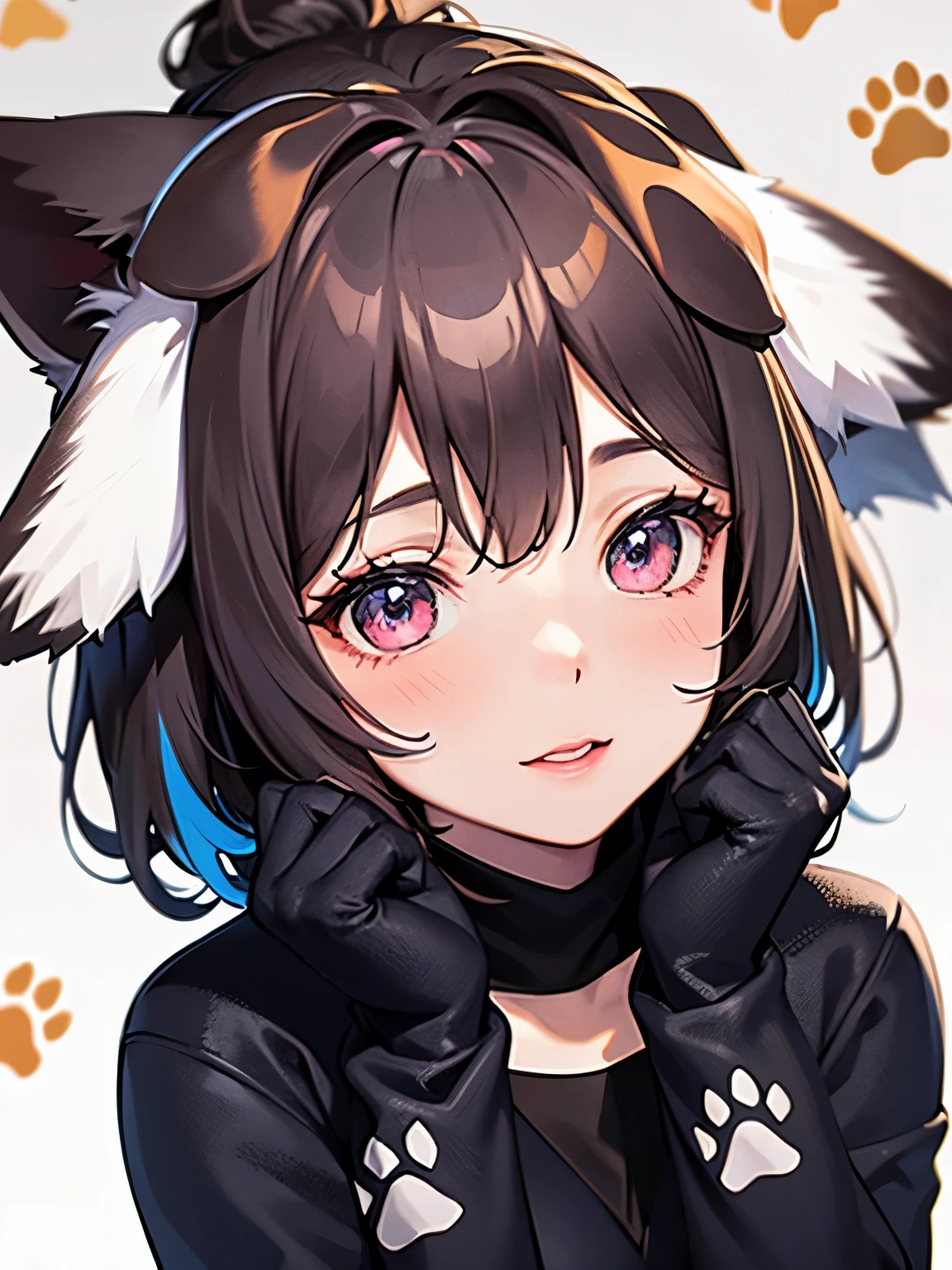 girl,((dog ears:1.3)),((Fancy and cute winter clothes)),((cute pose)),BREAK//((Animal footprints background:1.3)),((colorful:1.2)),((close up of face))