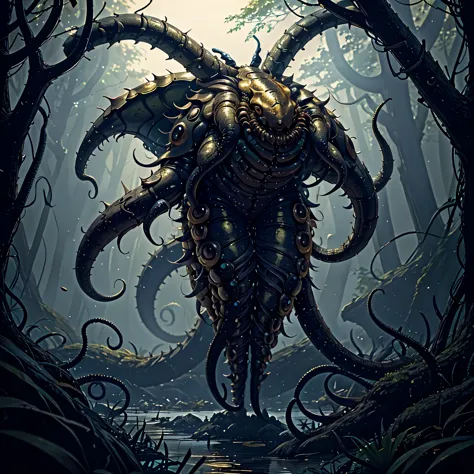 An eldritch horror with many tentacles and many insect eyes crawls through the forest, it has a single golden unicorn horn protruding from its head, set in a moonlit swamp