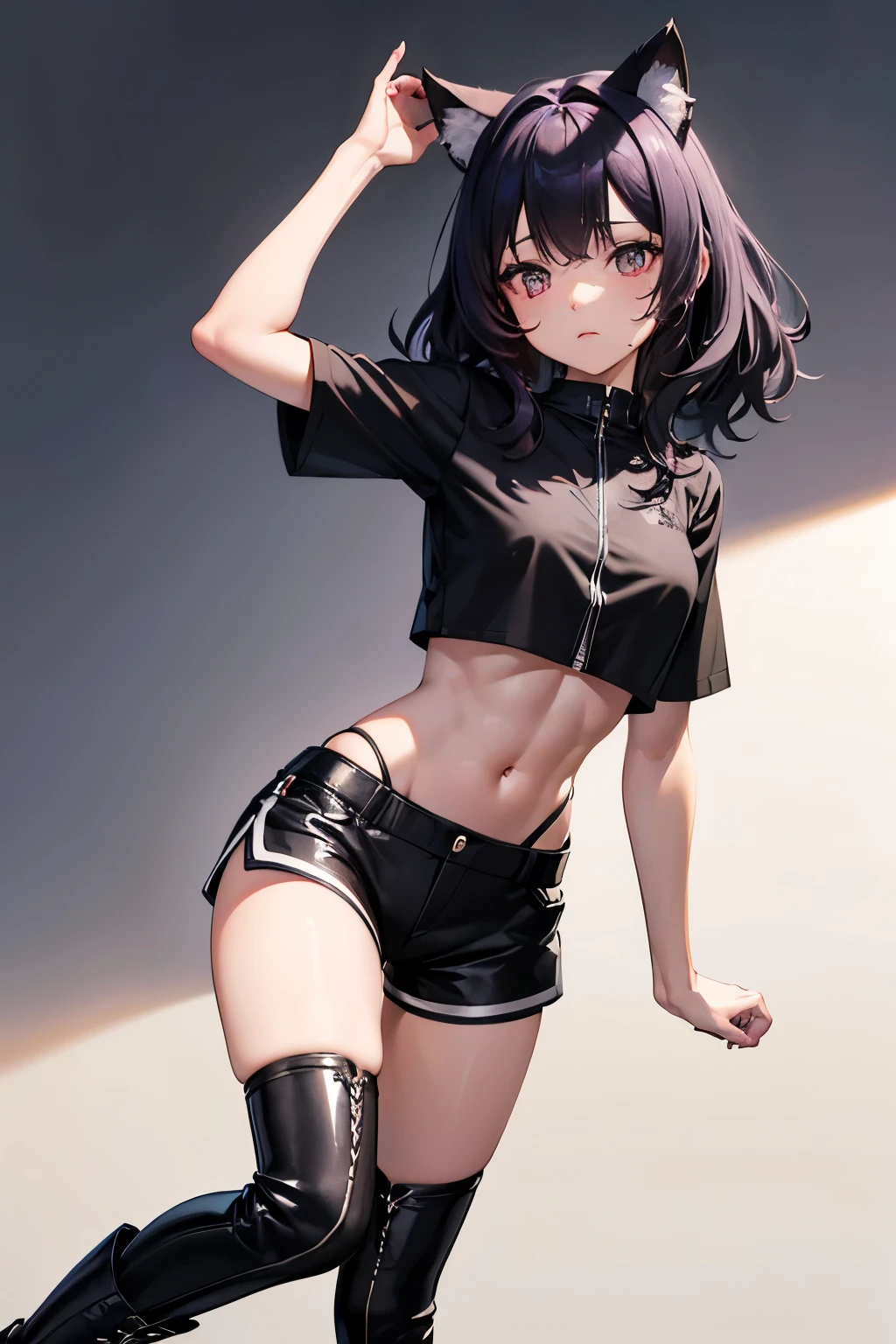 best quality, 32k, RAW photo, incredibly absurdres, extremely detailed, delicate texture, 15 years old, cheerful and active cute girl, wearing crop top, shorts, abs, expressionless, shy, black-purple wavy messy medium hair, black cat ears, black engineer boots