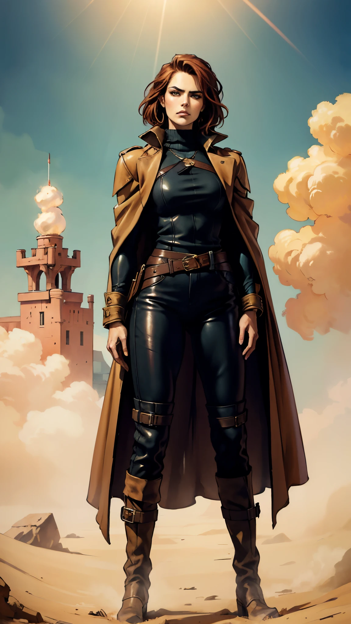 A woman with short reddish-brown hair, a determined gaze, her upper body is enveloped in a heavy cloak with leather accents, the cloak covers the lower half of her face, a tight-fitting long leather trench coat with ethnic-style details at the hem underneath, coarse fabric pants, sturdy knee-high leather boots, the background depicts a fantasy-style western town with swirling yellow sand, this character embodies a finely crafted fantasy western-style female shaman in anime style, exquisite and mature manga art style, high definition, best quality, highres, ultra-detailed, ultra-fine painting, extremely delicate, professional, anatomically correct, symmetrical face, extremely detailed eyes and face, high quality eyes, creativity, RAW photo, UHD, 8k, Natural light, cinematic lighting, masterpiece-anatomy-perfect, masterpiece:1.5