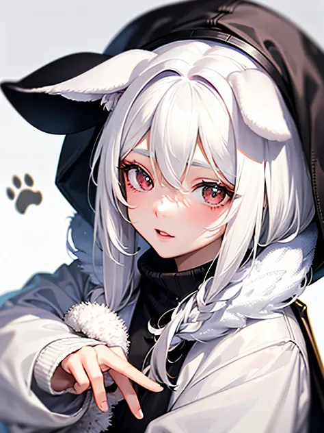 girl,((white hair:1.2)),((dog ears:1.3)),((Fancy and cute winter clothes)),((cute pose)),BREAK//((Animal footprints background:1...