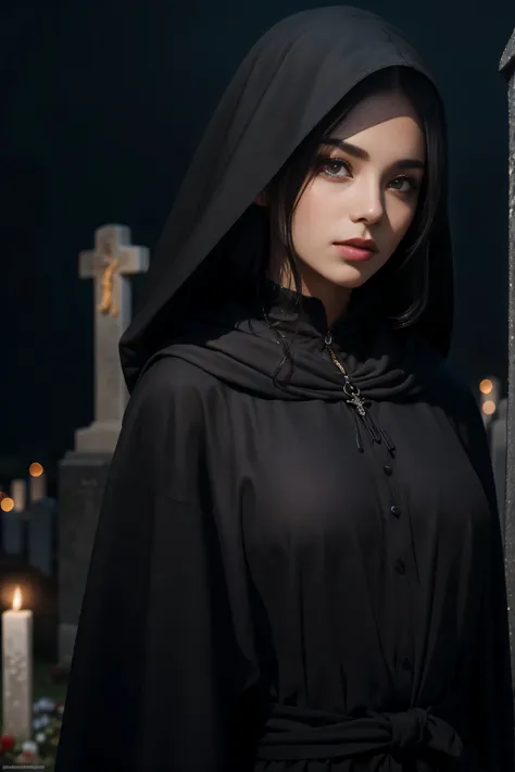 (Best Quality, (High resolution:1.2), Ultra-detailed, Realistic portrait, female necromancer, long black cloak, beautiful face, ...