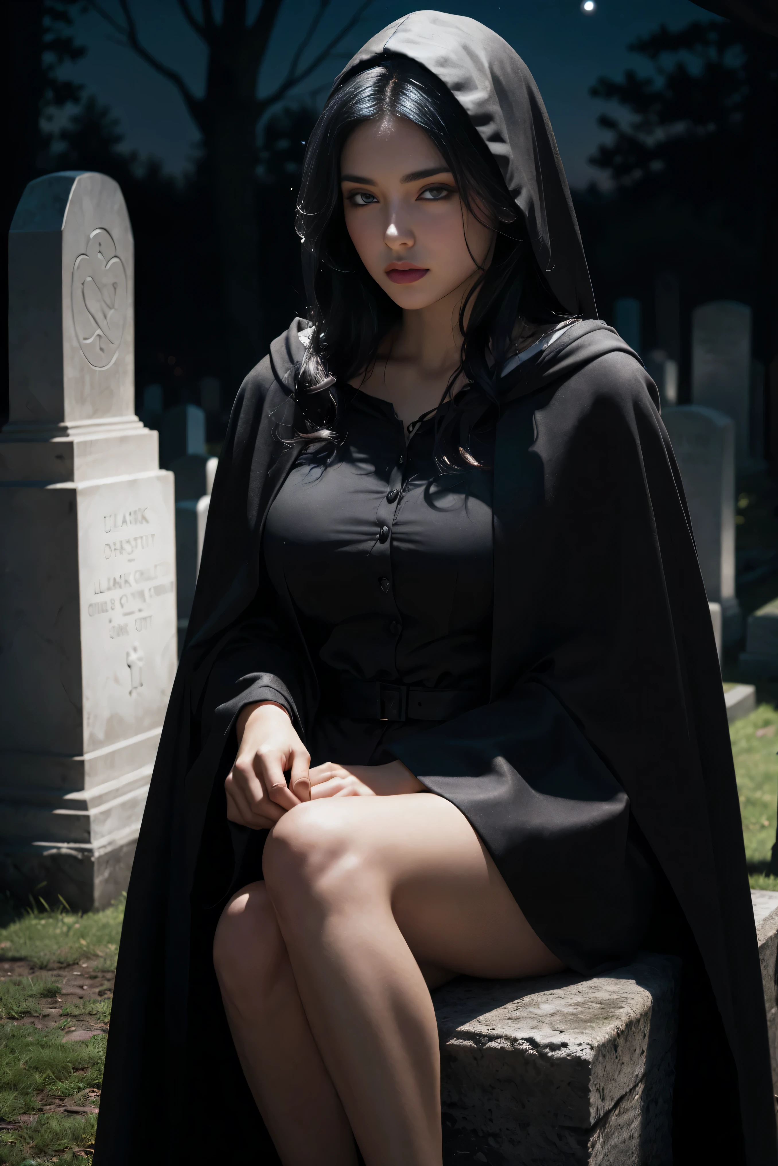 (Best Quality, (High resolution:1.2), Ultra-detailed, Realistic portrait, female necromancer, long black cloak, beautiful face, dark background, cemetery, depth of field, long black hair, night time, full body, sitting down