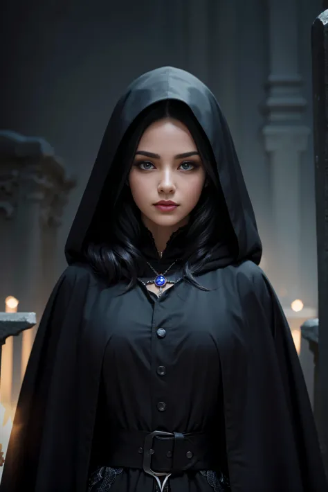 (Best Quality, (High resolution:1.2), Ultra-detailed, Realistic portrait, female necromancer, long black cloak, beautiful face, ...