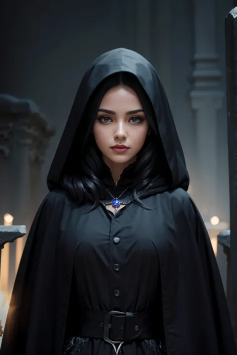 (best quality, (high resolution:1.2), ultra-detailed, realistic portrait, female necromancer, long black cloak, beautiful face, ...