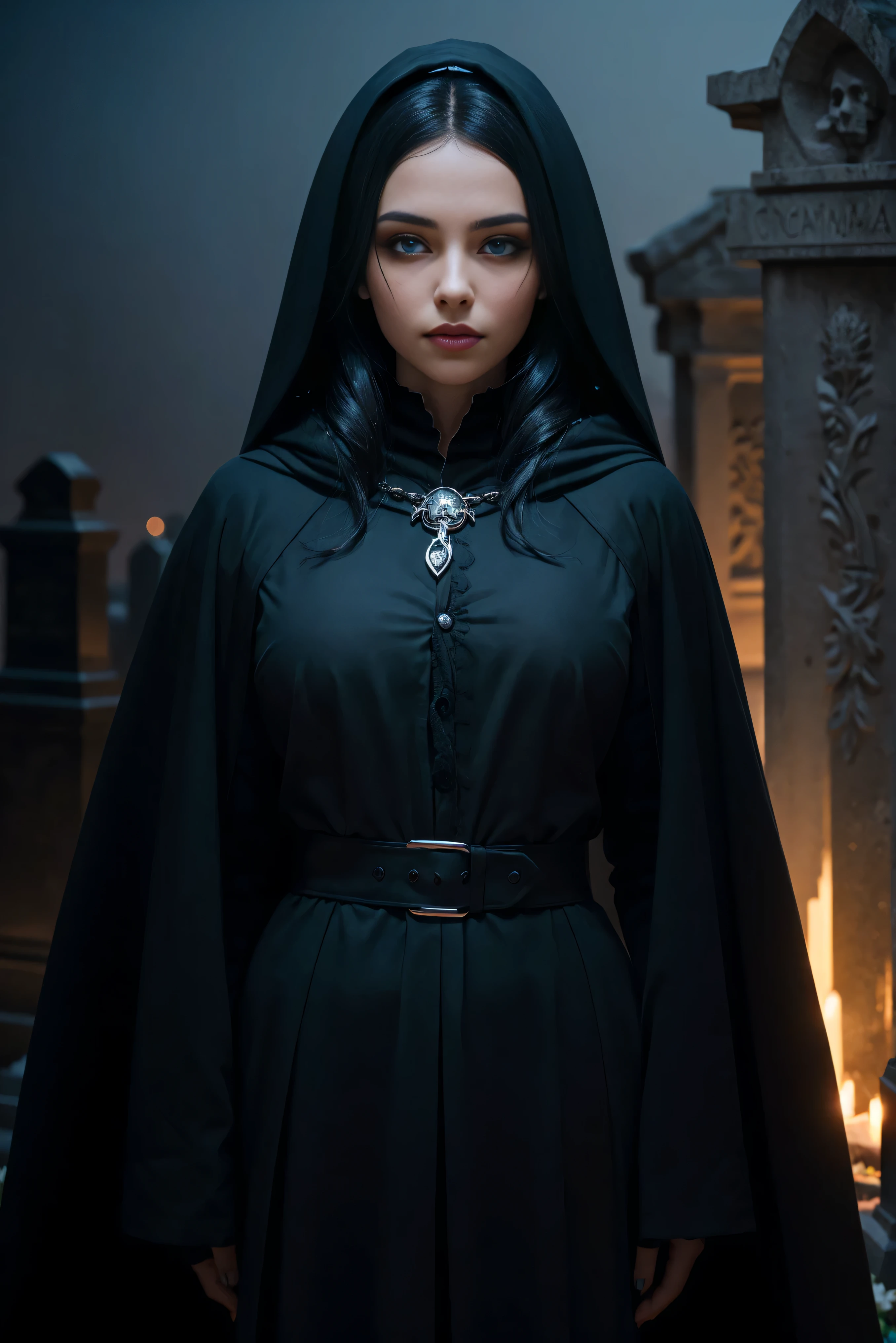 (Best Quality, (High resolution:1.2), Ultra-detailed, Realistic portrait, female necromancer, long black cloak, beautiful face, dark background, cemetery, depth of field, long black hair, night time, full body, blue eyes