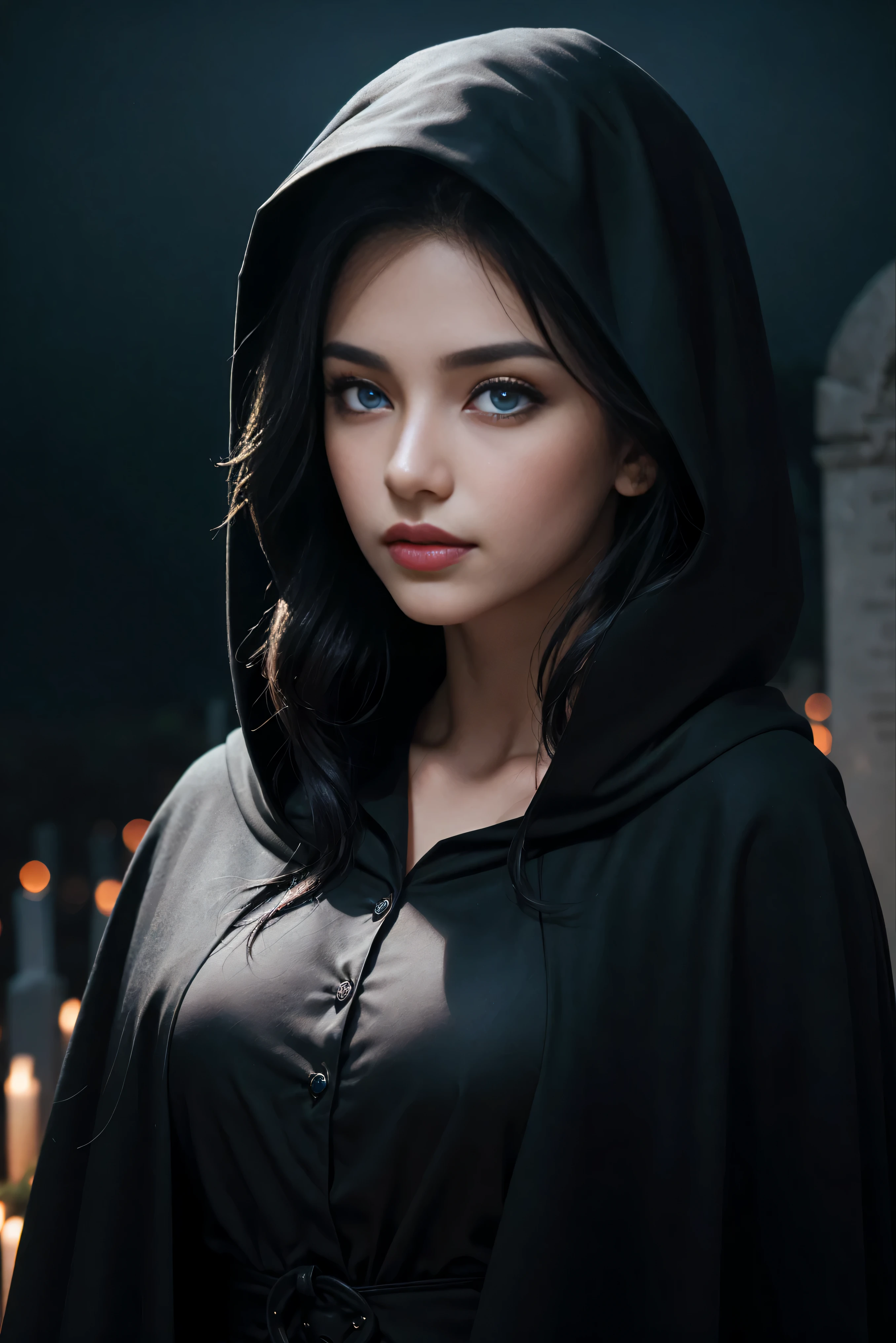 (Best Quality, (High resolution:1.2), Ultra-detailed, Realistic portrait, female necromancer, long black cloak, beautiful face, dark background, cemetery, depth of field, long black hair, night time, blue eyes, very cute