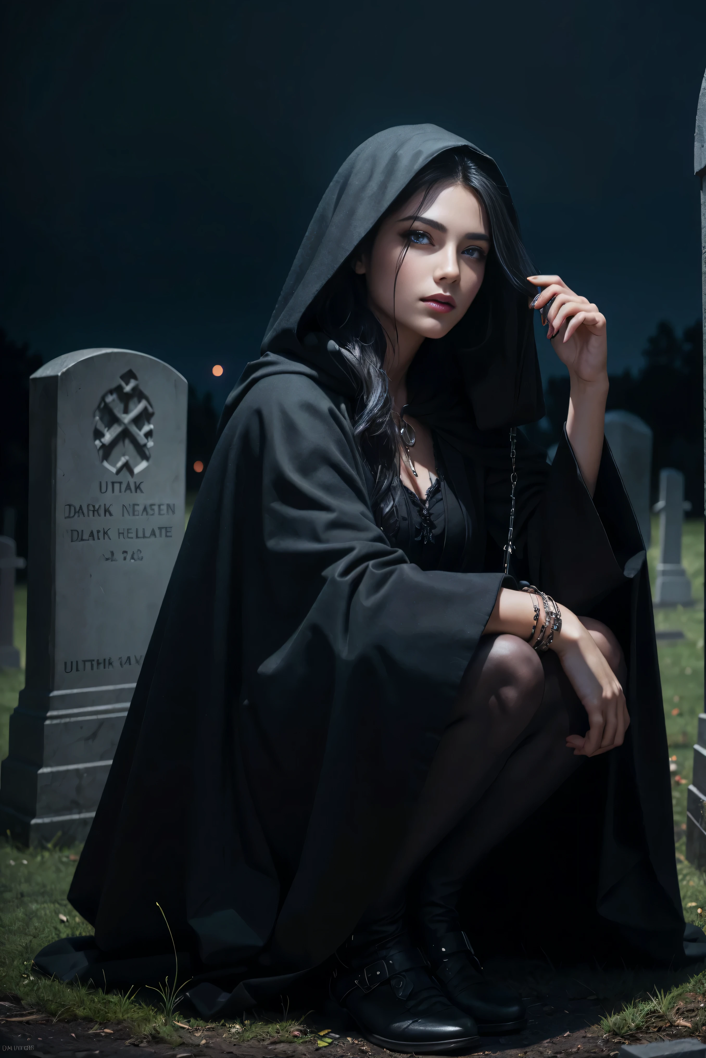 (Best Quality, (High resolution:1.2), Ultra-detailed, Realistic portrait, female necromancer, long black cloak, beautiful face, dark background, cemetery, depth of field, long black hair, night time, full body, blue eyes