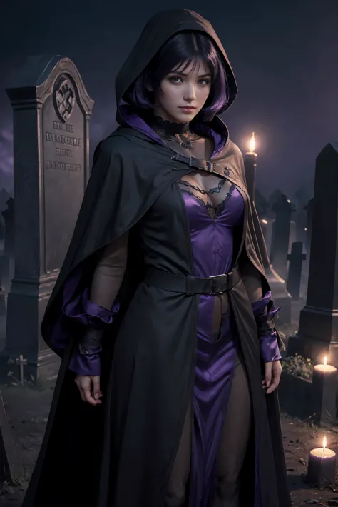 (Best Quality, (High resolution:1.2), Ultra-detailed, Realistic portrait, female necromancer, long black cloak, beautiful face, ...