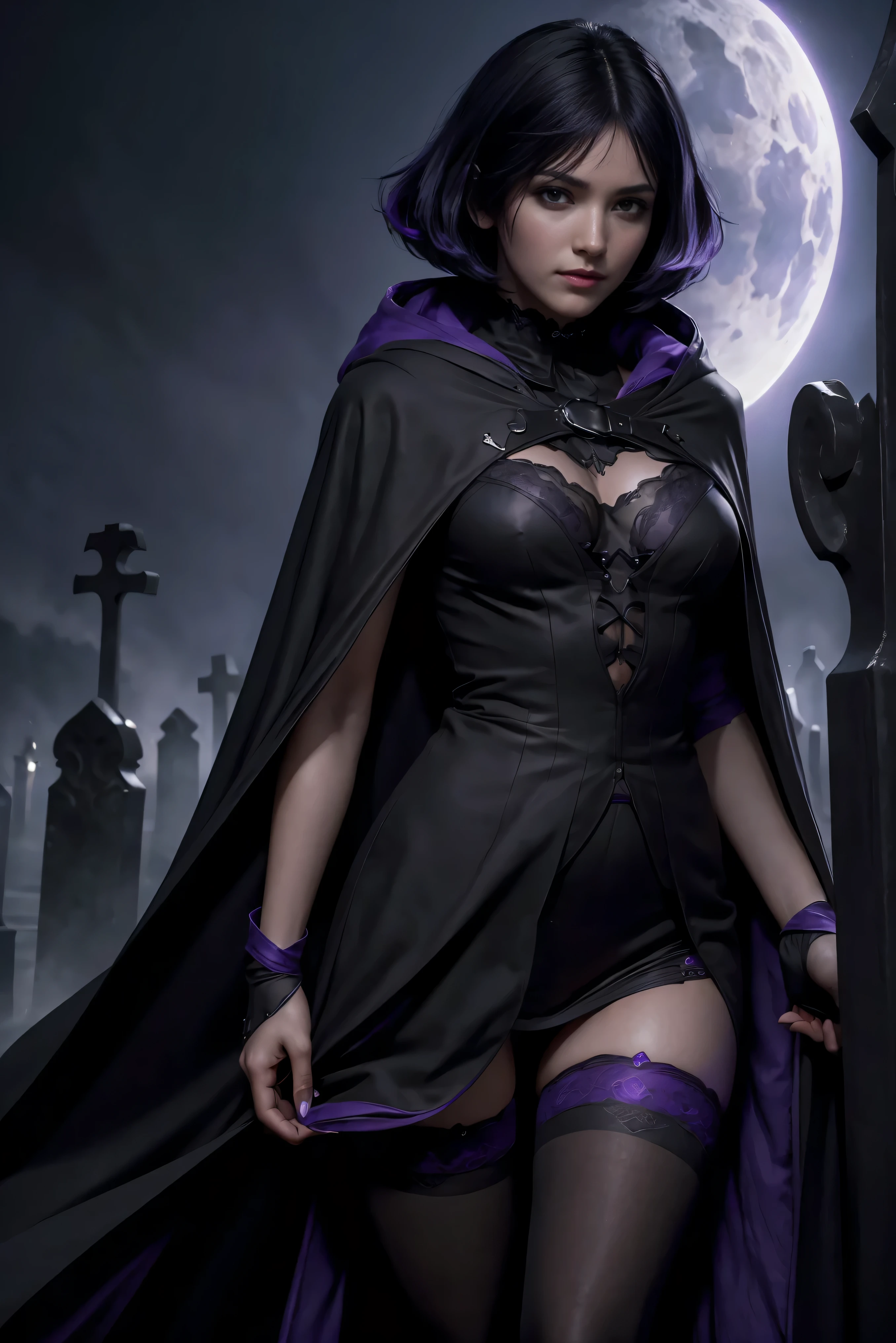 (Best Quality, (High resolution:1.2), Ultra-detailed, Realistic portrait, female necromancer, long black cloak, beautiful face, dark background, cemetery, depth of field, short black and purple hair, night time, full body, stockings