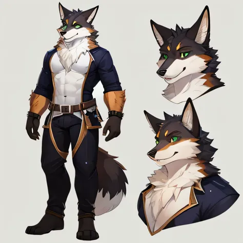 male furry fluffy anthropomorphic fox reference sheet, full body , detailed features like expressive eyes, bushy tail, sharp tee...