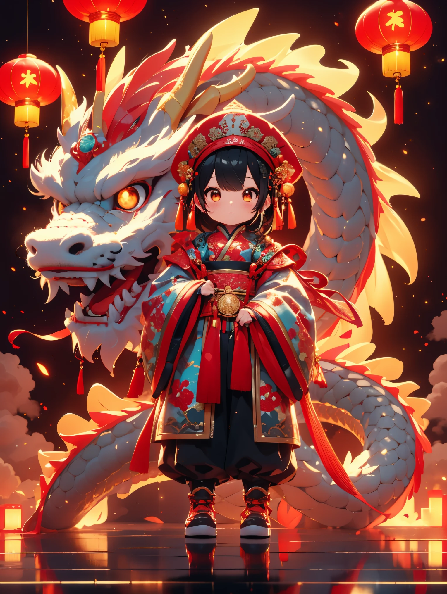 (whole body:1.5)，1 super cute girl，Wearing a plush Chinese dragon hat，Chinese Year of the Dragon，big eyes，Gold coin decoration，pixar animation，IP design，Ultra-fine details，resin，Best quality oc rendering，Strong light effect，plain red background，Ultra-detailed , 3D rendering, HD, 8k