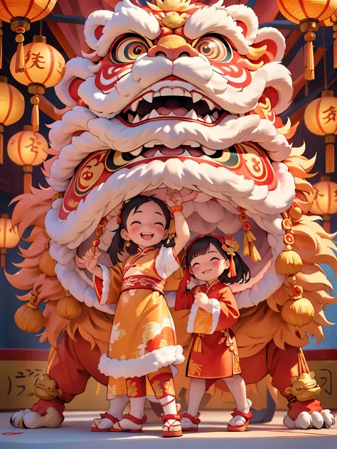 the picture shows a wonderful chinese lion dance performance。the stage set faces the traditional courtyard，big red lanterns hung...