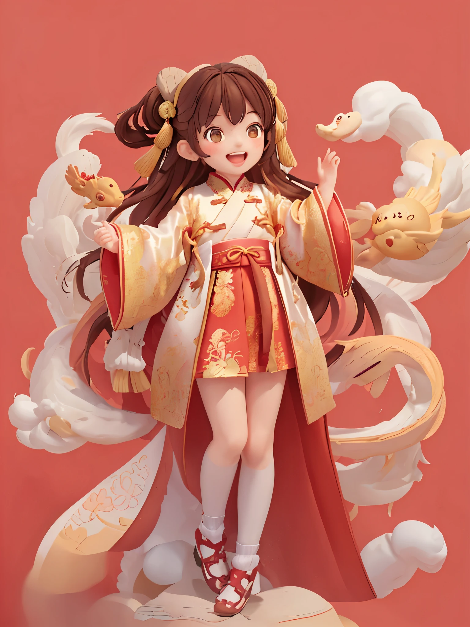 8k,original photo,(masterpiece:1.2),alone,Super detailed,Extremely detailed CG 8k wallpaper,incubation (texture),CNY,1 girl,alone,long hair,looking at the audience,blush,Smile,open mouth,simple background,brown hair,hair accessories,Hanfu，long sleeves,skirt,Double tail,brown eyes,shoe,teeth,Raise your hand,low Double tail,Chinese clothes,red background,