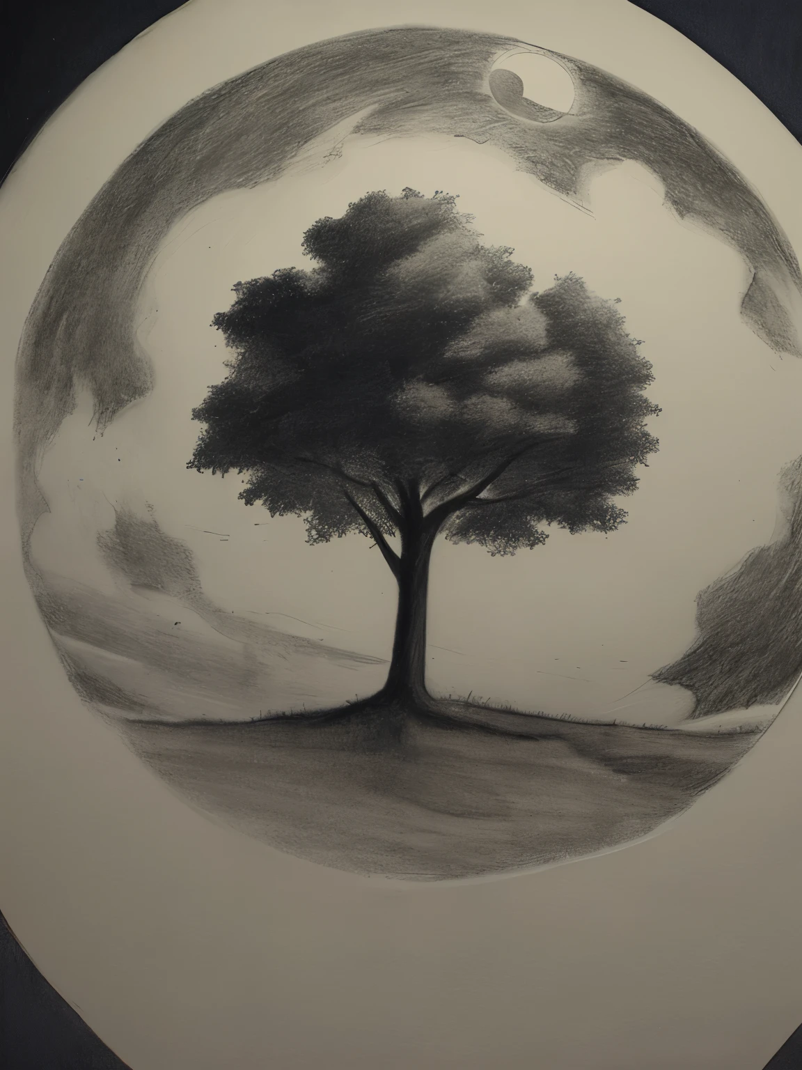 masterpiece, a drawing of a full moon with trees in the foreground dark sky and clouds in the background, (a charcoal drawing)  
