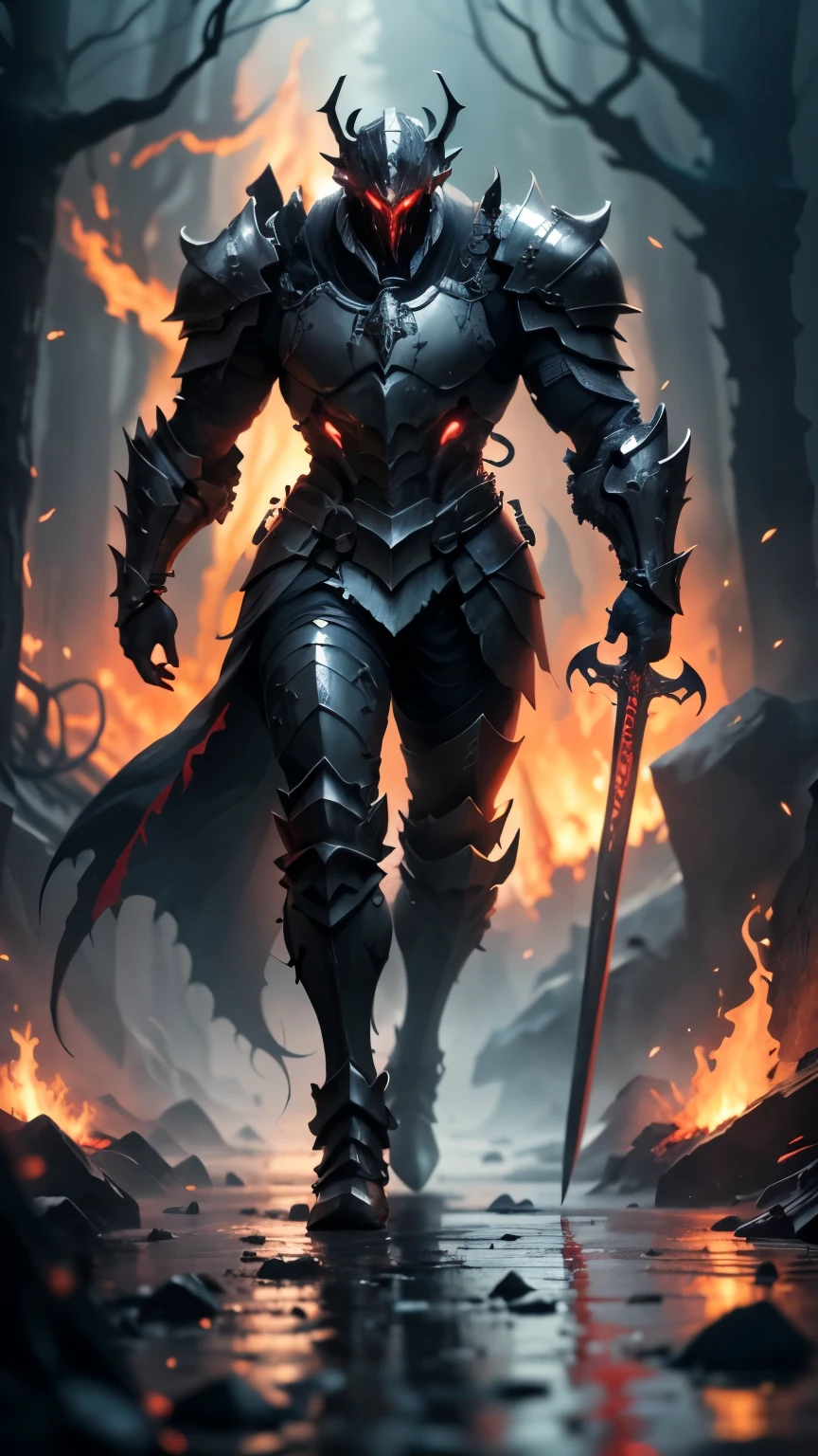 Knight in FULL plated Black Deadric knight striding through a lake of lava, Black light mixed with red,with black mist Black greatsword with broken red lines, background Death knight holding sword,Deadric knight standing in a dark rooom, burnt armor, black fire color reflected armor, steampunk bioarmor, redwood forest themed armor, demonic dragon inspired armor, corrupted armor, gothic armor, black and reddish color armor, cyberpunk flame suit, prince crown of black gears, demonic! compedium!, black gears, medieval, dynamic, FULL HD, REALISTIC FANTASY. Layered armor. (((Proportionate))) Black Capote, no weapons