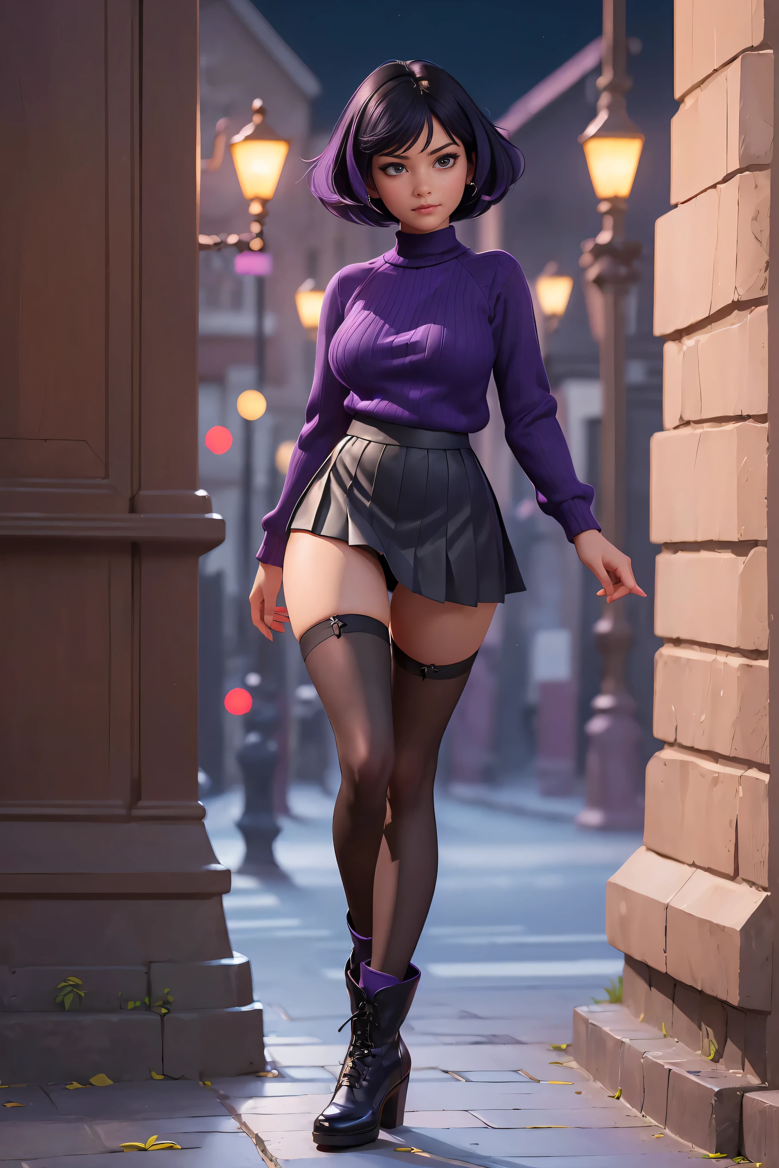 (Best Quality, (High resolution:1.2), Ultra-detailed, Realistic portrait, purple mini pleated skirt, tight black jumper, black stockings, beautiful face, depth of field, short black and purple hair, night time, (full body), perfect long legs, ankle boots