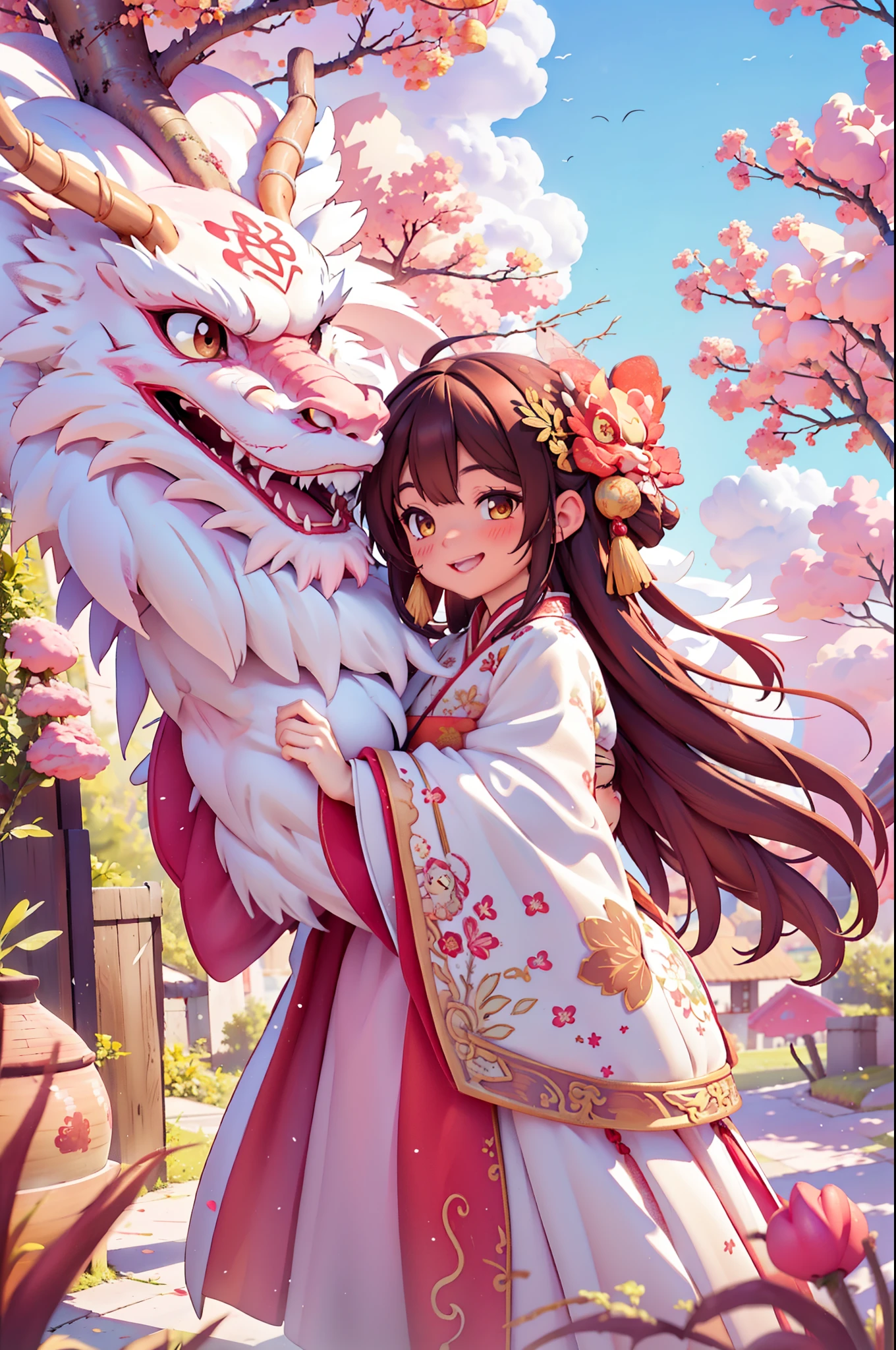 photoactual,actual,photography,masterpiece,best quality,Super detailed,Extremely detailed CG unified 8k wallpaper,1 girl,cloud,pink theme,pink white dragon,Smile，happy，Chinese Hanfu，photoactual,actual,photography,masterpiece,best quality,Super detailed,Extremely detailed CG unified 8k wallpaper,1 girl,cloud,pink theme,pink white dragon,